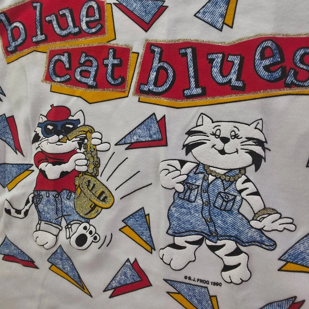 Vintage 1990 Sears Girls Blue Cat Blues Drop Waist Dress White Red Size 6X USA